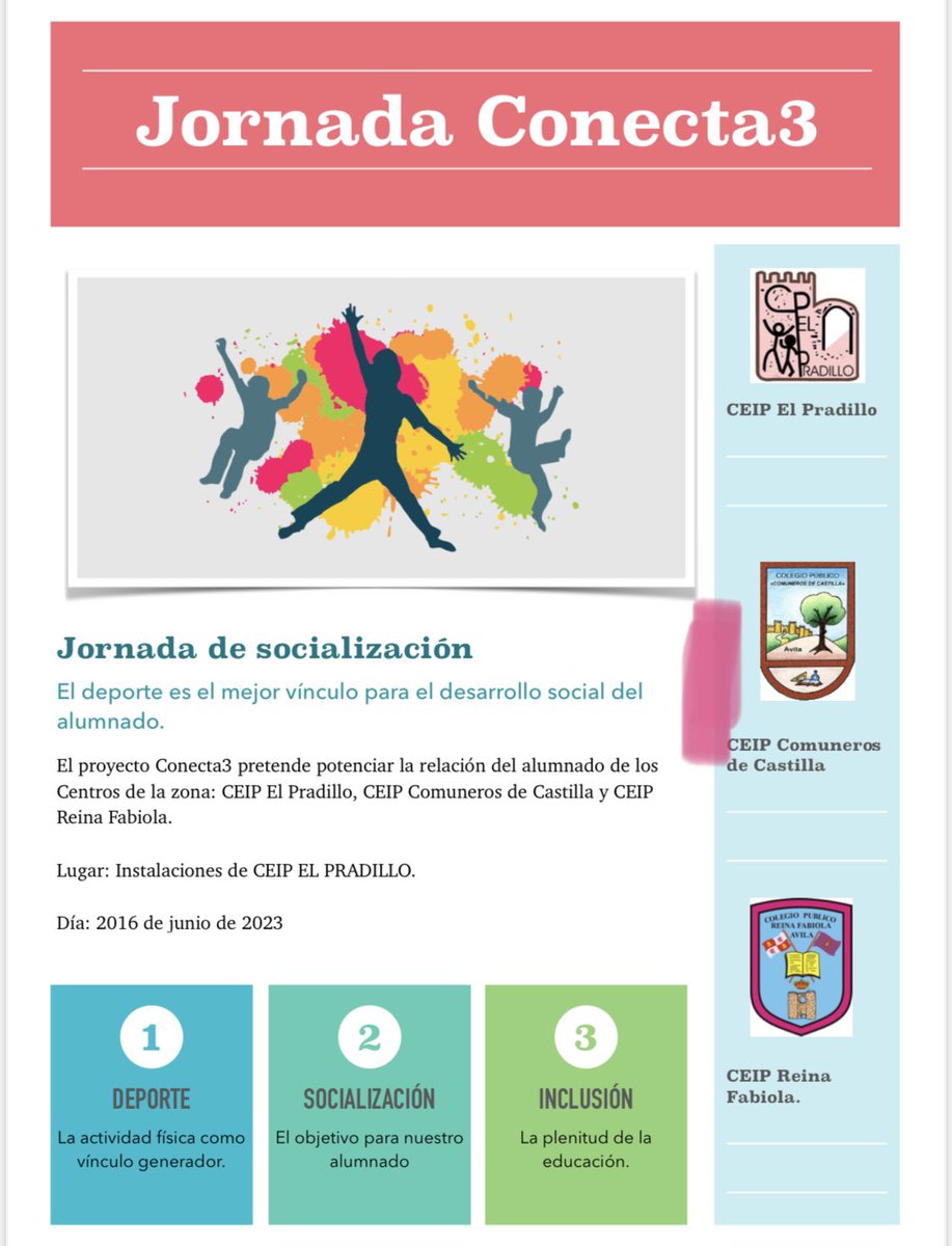 Ceip_Pradillo's tweet photo. 🏀⚽️🥅⚾️🏐Un día especial para hacer amigos. JORNADA CONECTA3 en CEIP EL PRADILLO. 🏀⚽️🥅⚾️🏐
Juntos, los alumnos de CEIP EL PRADILLO, REINA FABIOLA Y COMUNEROS han participado en una jornada de deporte y compañerismo.
Gracias a todos los profes que hacen posible la actividad. https://t.co/GLCrOcDQkr