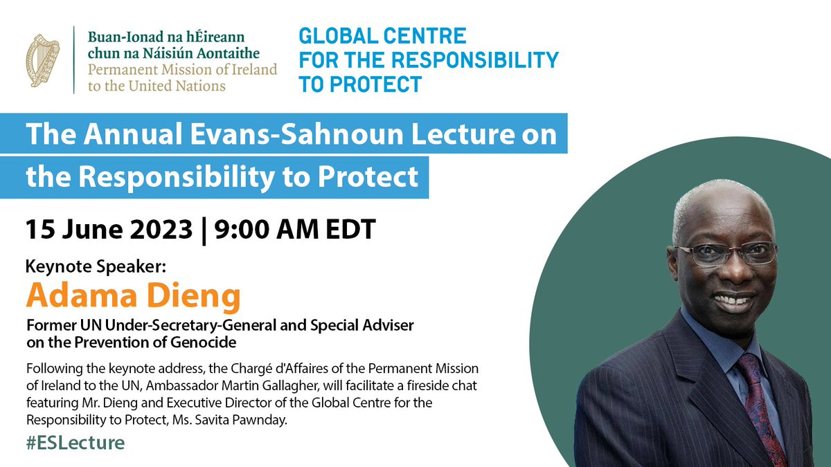 GCR2P's tweet photo. TOMORROW: Live on Zoom @GCR2P & @irishmissionun are hosting the #ESLecture on #R2P feat. a keynote by former UN Special Adviser @AdviserAdaDieng, remarks by Hon Gareth Evans & a discussion with Amb @MartinGal & our Executive Director @savita_pawnday.
🔗https://t.co/eKpkP9odj2 https://t.co/0MMIc7esvI