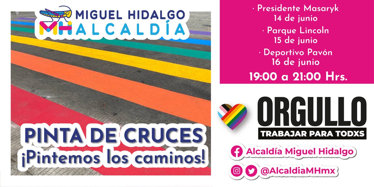 AlcaldiaMHmx's tweet photo. ¡Muestra tu #OrgulloMH🌈!

A partir de hoy por la noche comenzamos con la pinta de cruces, acompáñanos y súmate al mes de la inclusión y la diversidad junto a nosotrxs. https://t.co/z2i88BcLNy