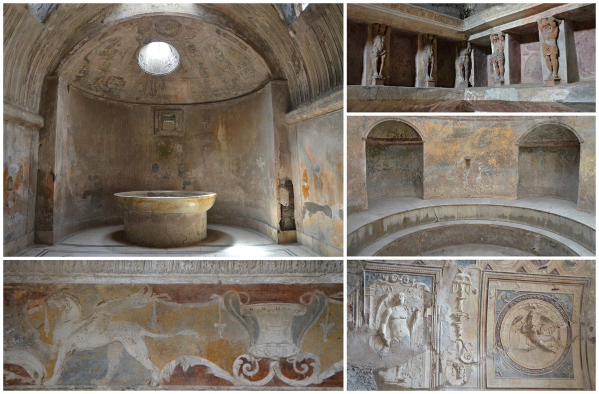 #InternationalBathDay - The Forum Baths in Pompeii were established in 80 BCE and were the only baths still in use after the earthquake of 62 CE. The walls are beautifully decorated with frescoes of garden scenes, and the vault ceilings are embellished with stucco friezes.