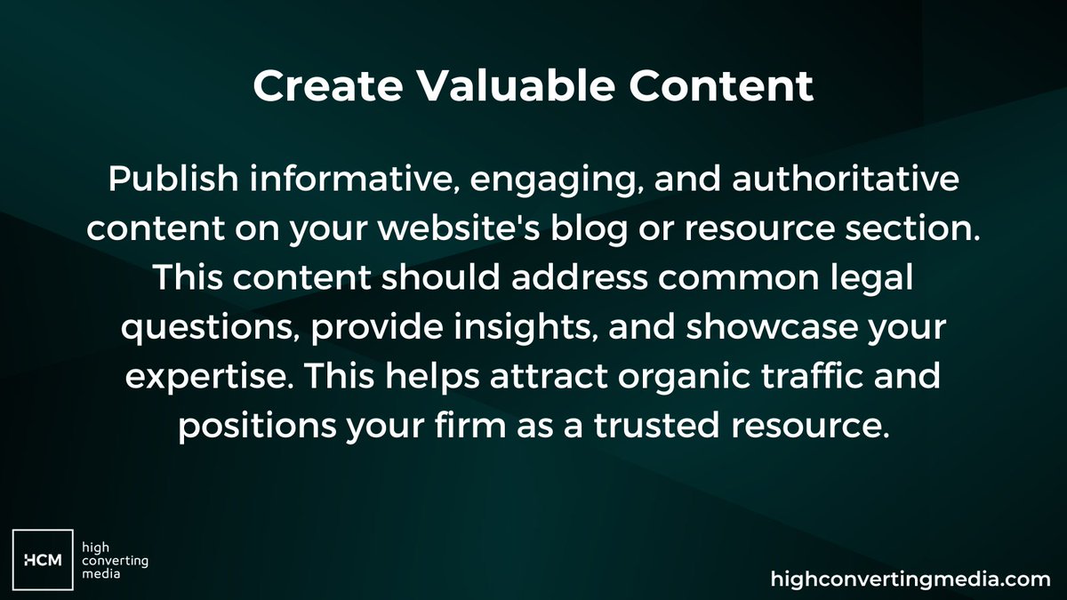 Here are some tips to improve SEO for a law firm: Create valuable content #LegalSEO
#LawyerMarketing
#LegalDigitalMarketing
#LawFirmVisibility
#LegalContentStrategy