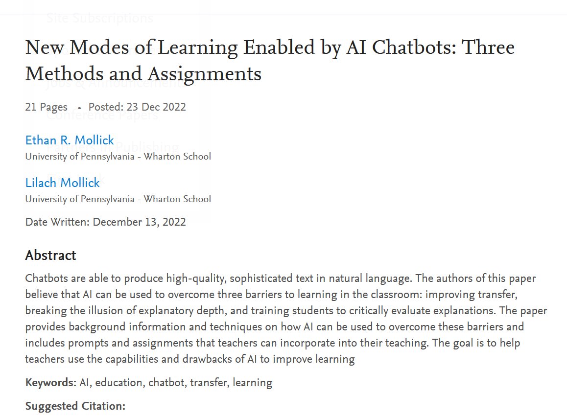 Here are our three papers on ways to use AI for teaching. All have prompts & details: Using AI to make teaching easier & more impactful: papers.ssrn.com/sol3/papers.cf… Using errors made by AI to teach hard things: papers.ssrn.com/sol3/papers.cf… Assigning AI to students: papers.ssrn.com/sol3/papers.cf…