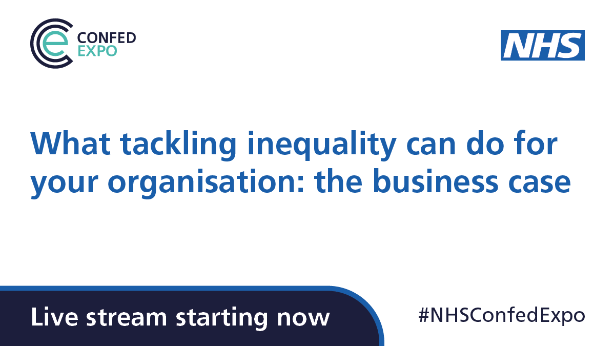 On the main stage at #NHSConfedExpo now is <a href="/BolaOwolabi8/">Bola Owolabi</a>, <a href="/NHS_RobW/">Rob Webster 💙</a>, <a href="/Saffron_Policy/">Saffron Cordery (saffroncordery.bsky.social)</a> and Owen Williams discussing what tackling inequality can do for your organisation.

Watch live: bit.ly/3oQUohf