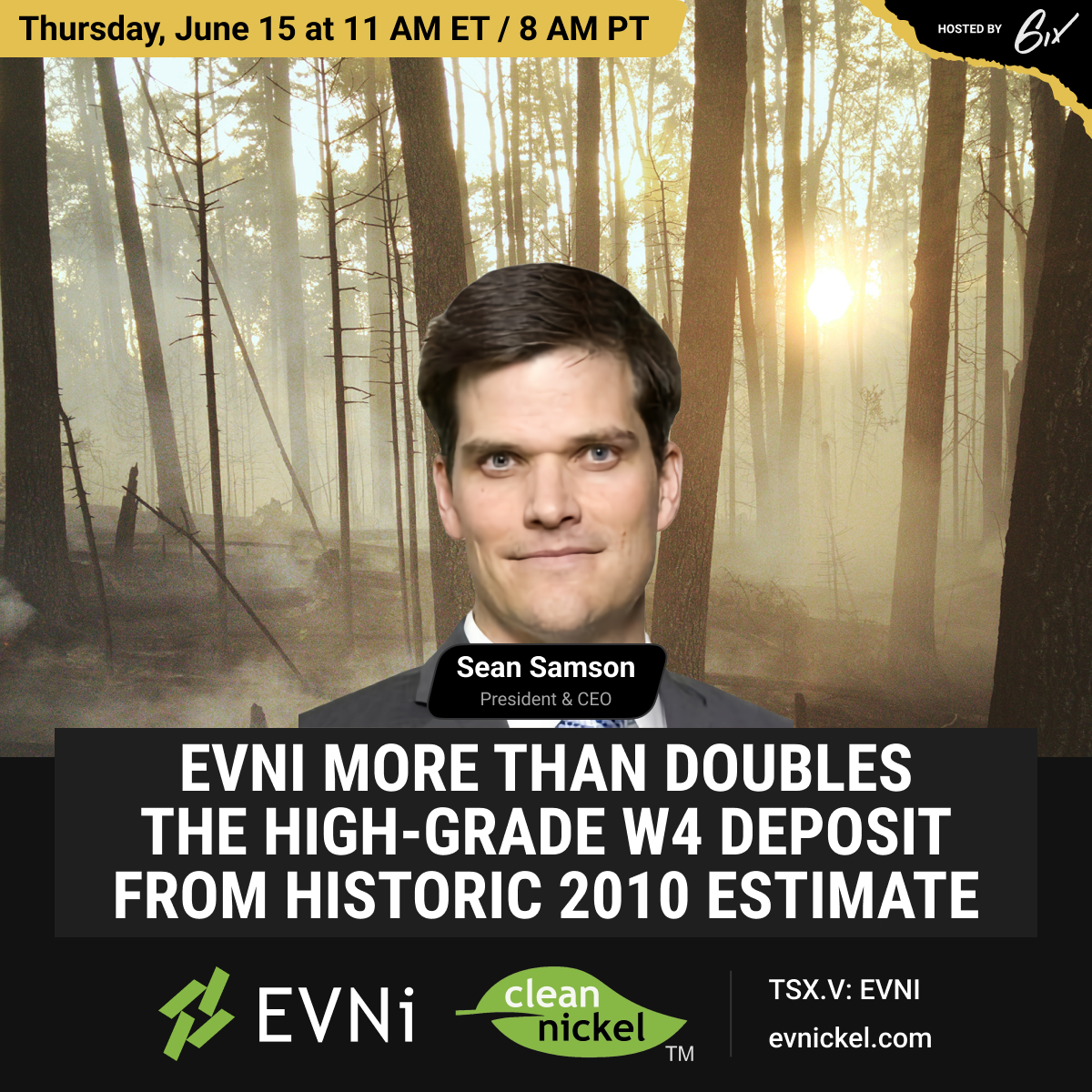 6ix's tweet photo. Tomorrow, join Sean Samson, President & CEO of @ev_nickel Nickel, for a live discussion on their latest news from the W4 Deposit. Attend live to have your questions answered during the Q&A session.
Register here: https://t.co/0v0QycEi6H
$EVNI.V #CleanNickel #Nickel https://t.co/wiek7lV7Wb