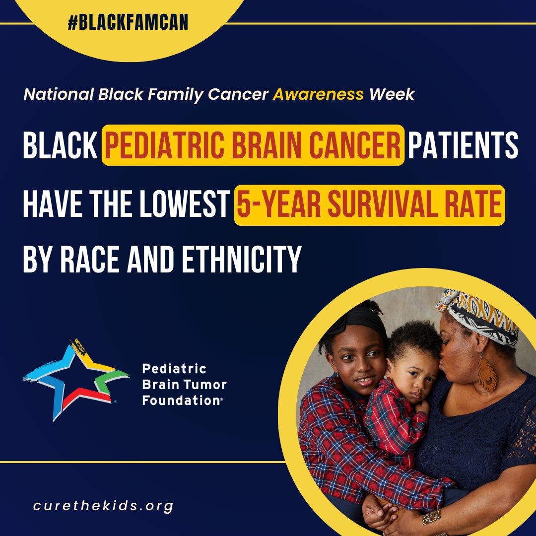 Black pediatric brain cancer patients experience the lowest five-year survival of any racial and ethnic group. To raise awareness of the obstacles patient families face when accessing quality cancer treatment, we're joining the @US_FDA's @FDAOncology in recognizing #BlackFamCan.