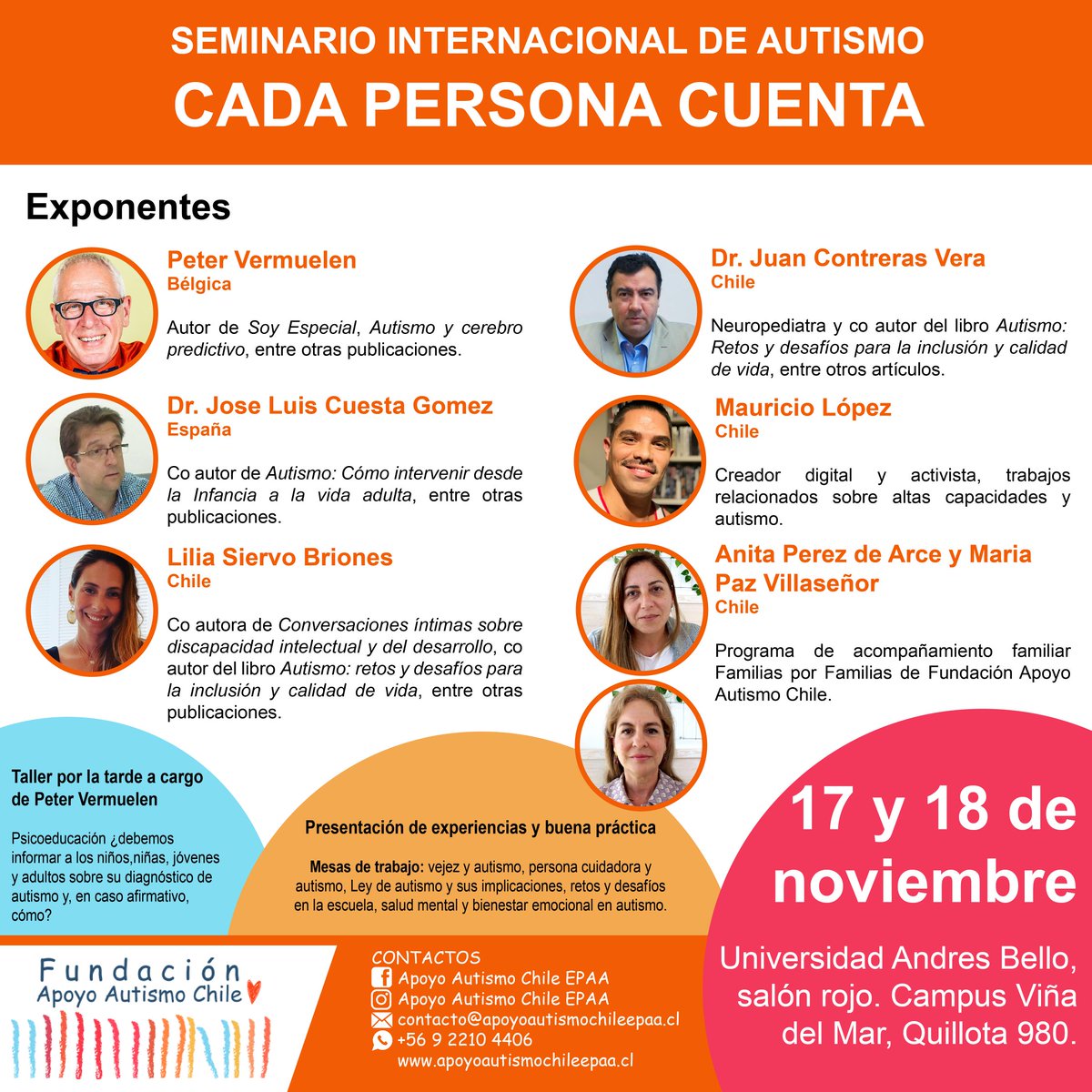 Seminario internacional de Autismo Cada Persona Cuenta en nuestra hermosa cuidad de Viña del Mar, Chile. Te esperamos junto a importantes referentes en el área del Autismo donde daremos la bienvenida a <a href="/Peter_Autisme/">Peter Vermeulen</a> ♾️