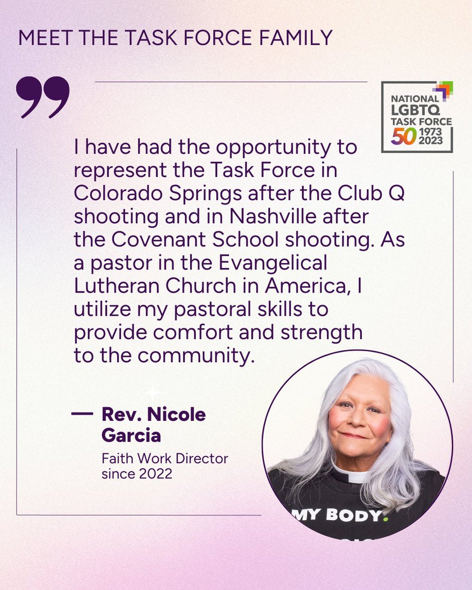 Meet Reverend Nicole Garcia (she/her), our Faith Work Director! Reverend Nicole has grown and developed our faith-based activism work--a core part of our advocacy goals.

🟣 Be sure to follow us on social to learn more Task Force staff, and more. #TaskForceAt50