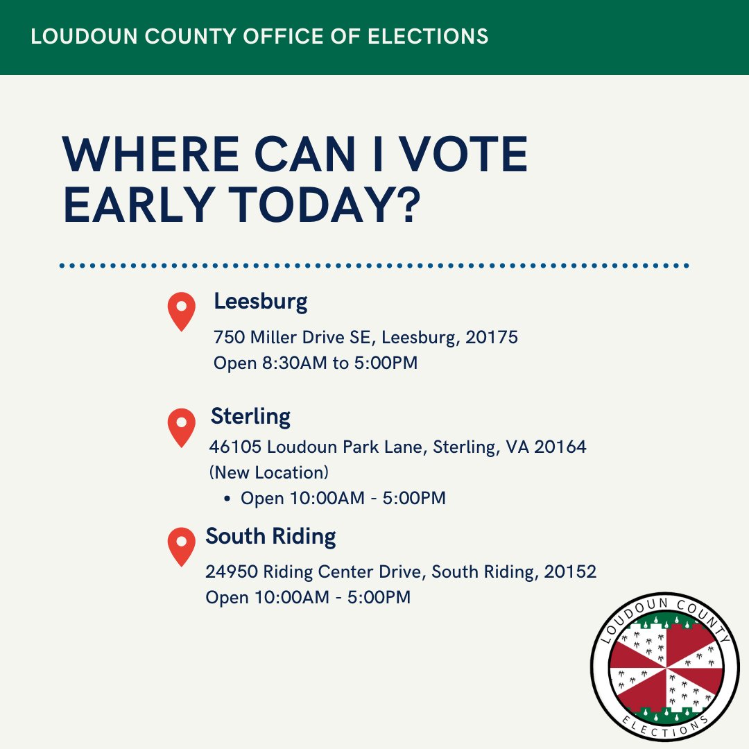 You can vote early today in Leesburg, Sterling, or South Riding until 5 pm! For more information on additional dates and times, visit our site ow.ly/TL6x50OM7Yb

#LoudounVotes