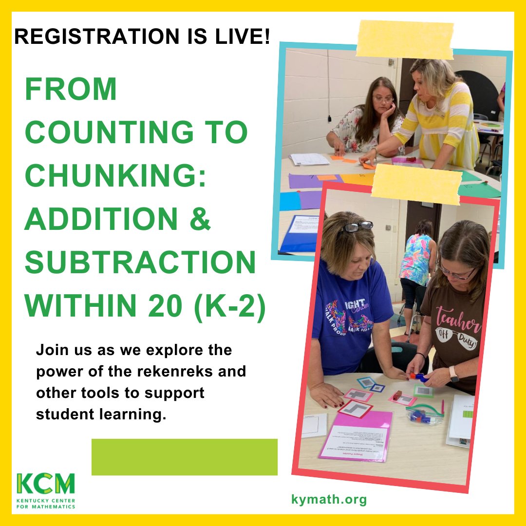 Are your K-2 students struggling with addition and subtraction? At the KCM, we LOVE to give educators the tools to guide students to understand the mathematics learning trajectory. Join us as we explore the power of tools to support student learning!
kentuckymathematics.org/course_chunkin…