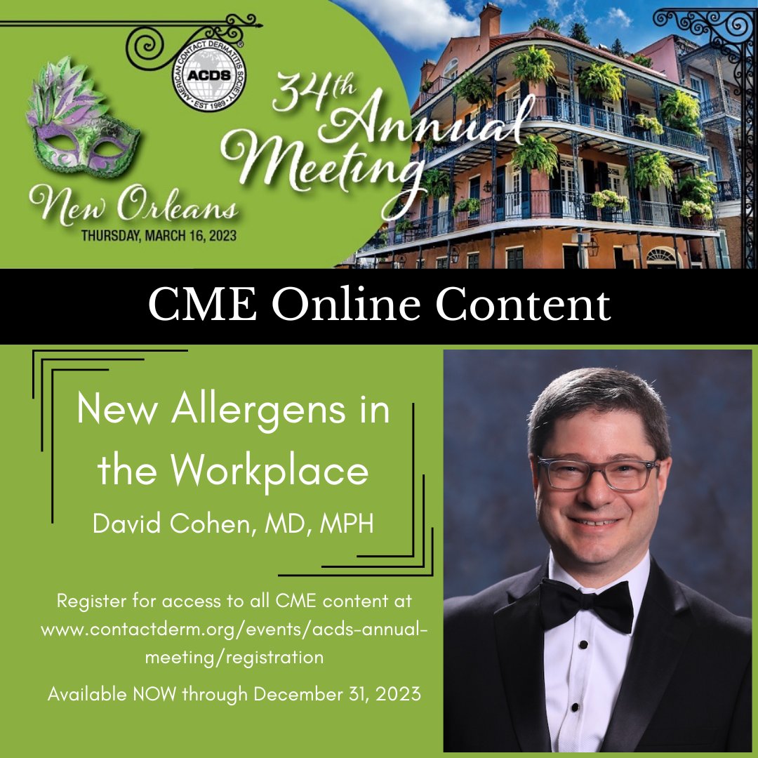 David Cohen, MD, MPH, lectured on New Allergens in the Workplace at the ACDS 34th Annual Meeting. Register to access his lecture and all CME content from the meeting at contactderm.org/events/acds-vi…
#continuededucation