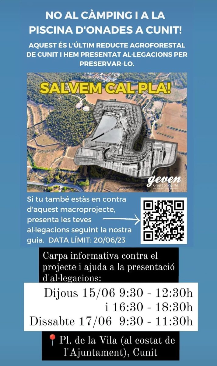 GEVEN2punt0's tweet photo. Demà dijous i dissabte tindrem una carpa informativa contra el projecte del càmping + piscina d'onades per fer surf de Cal Pla i donarem suport a la presentació d'al·legacions. Serem a la Pl. de la Vila de #Cunit. Us hi esperem! Salvem Cal Pla! https://t.co/VKNfJwBenX