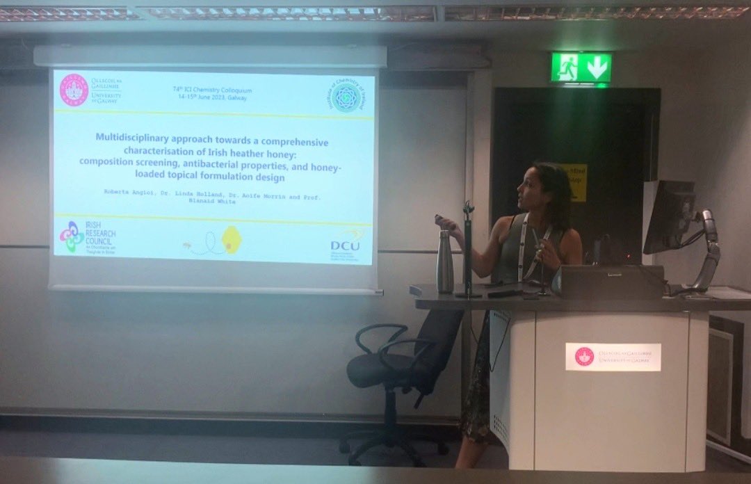PGAC_DCU's tweet photo. A big well done to @AngioiRoberta from @BlanaidWhiteDCU group for her super ‘sweet’ talk on Irish heather honey and it’s desirable antibacterial properties at this years #ICI74  🍯🐝 

#IrishHeatherHoney #WomenInSTEM https://t.co/RJNfRNxtEB