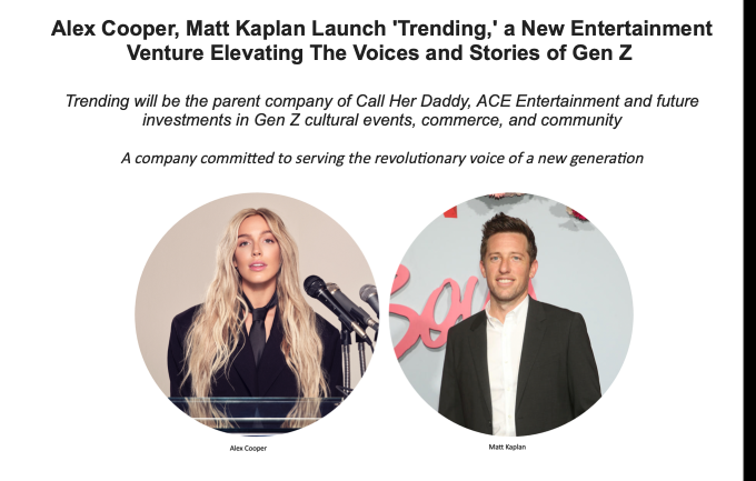 NEWS: @alexandracooper is starting a gen z media company with her fiance Matt Kaplan called Trending that will become the parent company of Call Her Daddy.