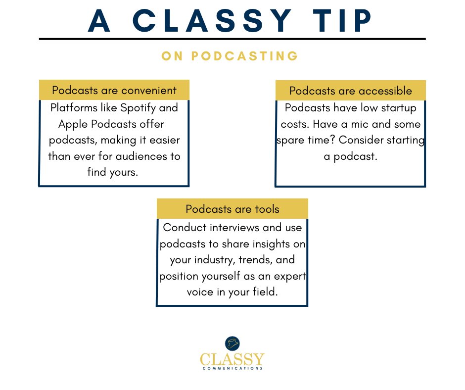 ClassyPRLV's tweet photo. Keep your organization on people's minds with another #Classytip. Podcasts are in and easy! https://t.co/mFPwo0L9h0 #adagency #keepitclassy #podcasts #podcasting https://t.co/BWN2VrrfiO