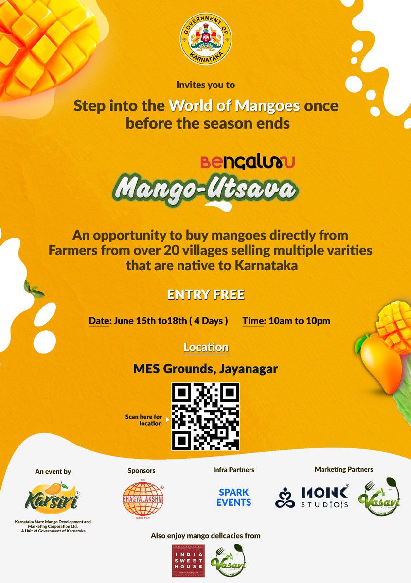 kripalamanna's tweet photo. Mango 🥭 lovers, this looks interesting! 😋 Mark your dates for the Bengaluru Mango Utsava! https://t.co/zK7LiPpsre