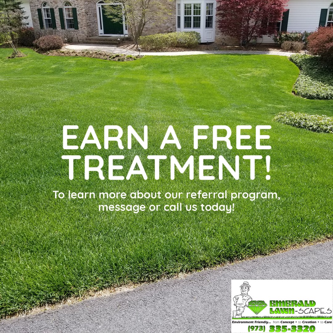 Who doesn't love FREE?! When you share Emerald with friends or family, you both win. Plus, there's no limit to how many treatments you can earn.

#Referral #LawnTreatment #EmeraldLawnNJ #EmeraldLawnScapes #NJLawnCare #NJLandscaper #MorrisCounty #BoontonNJ