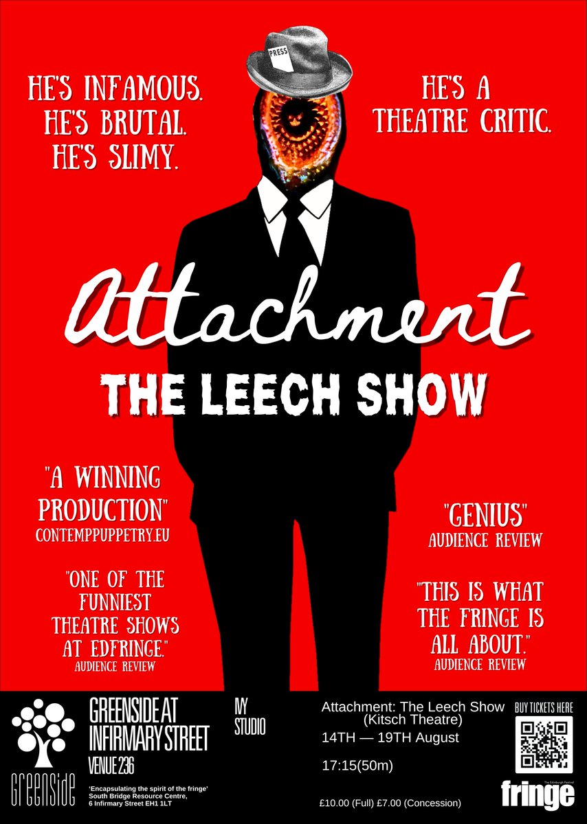 🚨🚨
HERE IT IS! Check out our poster for 'Attachment: The Leech Show' on at <a href="/edfringe/">Edinburgh Festival Fringe</a> <a href="/GreensideVenue/">Greenside Venues</a> 14th-19th August 🩸🩸

Get your tickets now! tickets.edfringe.com/whats-on/attac…