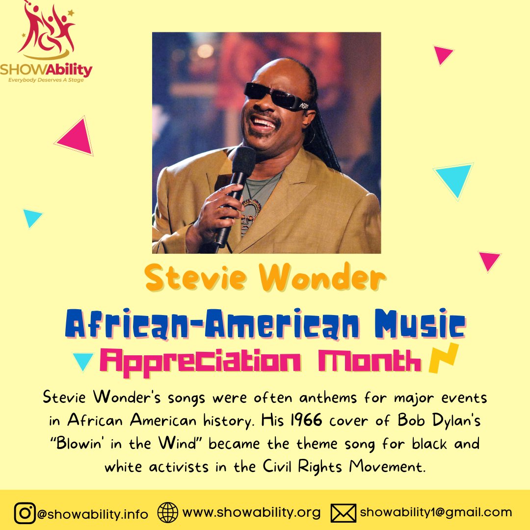 As we celebrate the #AfricanAmericanMusicAppreciationMonth, here's the amazing and award winning singer, Stevie Wonder!

#SHOWAbility #disability #disabilityawareness #invisibledisability #disabilityrights #disabilitypride #abilitynotdisability #disabilityadvocate