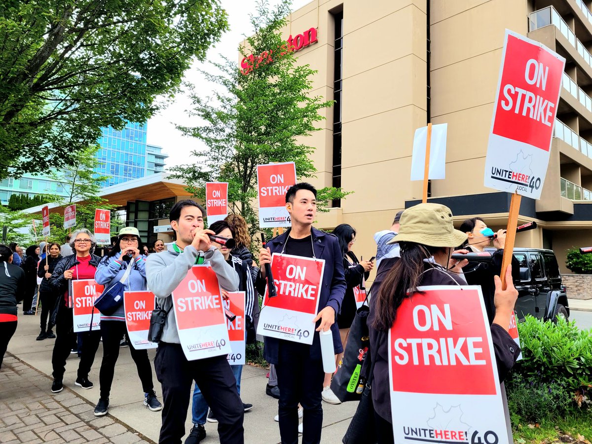 ON #STRIKE! @SheratonYVR workers walked off the job at 7am & onto the picket line! They are fighting for #livingwages to keep up with the cost of living in Metro #Vancouver – We deserve to live in the city where we work! 

#SheratonYVRStrike #RichmondBC 
#bclab #canlab #bcpoli