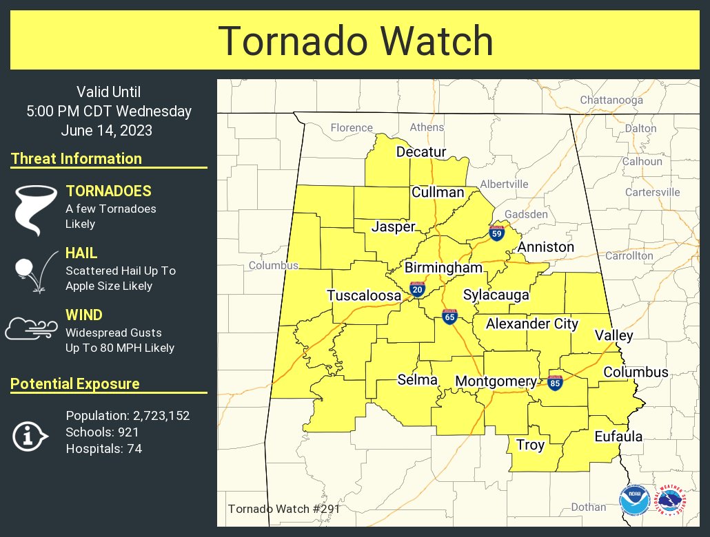 A tornado watch has been issued for parts of Alabama until 5 PM CDT