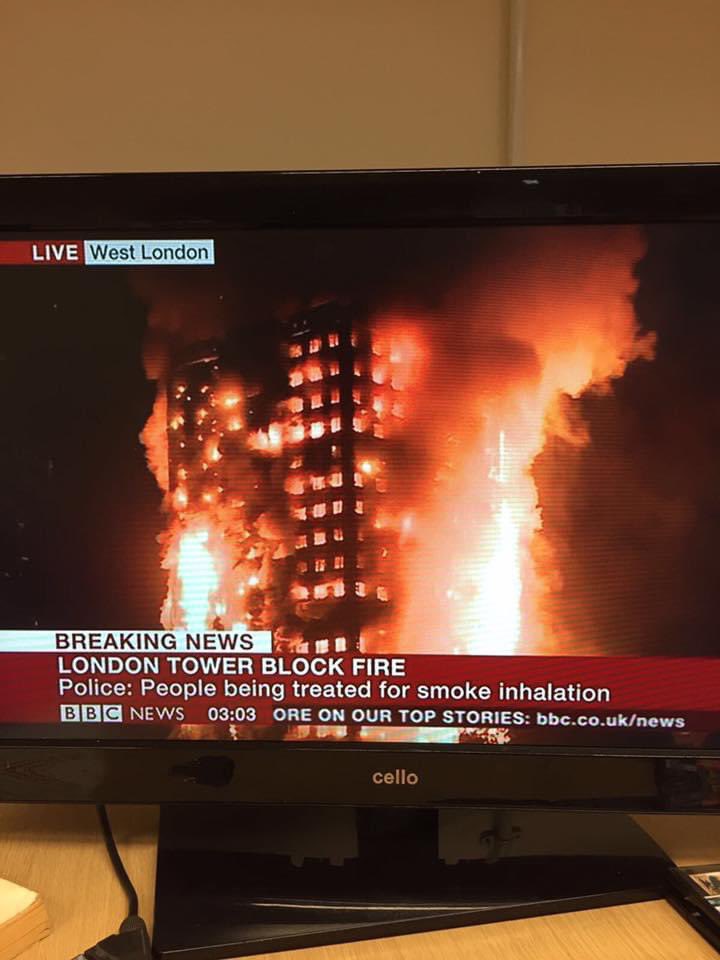 I was on a night shift. Turned the tv on in the refs room and was utterly shocked. I text my mate who’s a fire fighter in town. He was on route. Utter tragedy. #GrenfellTower #RIP