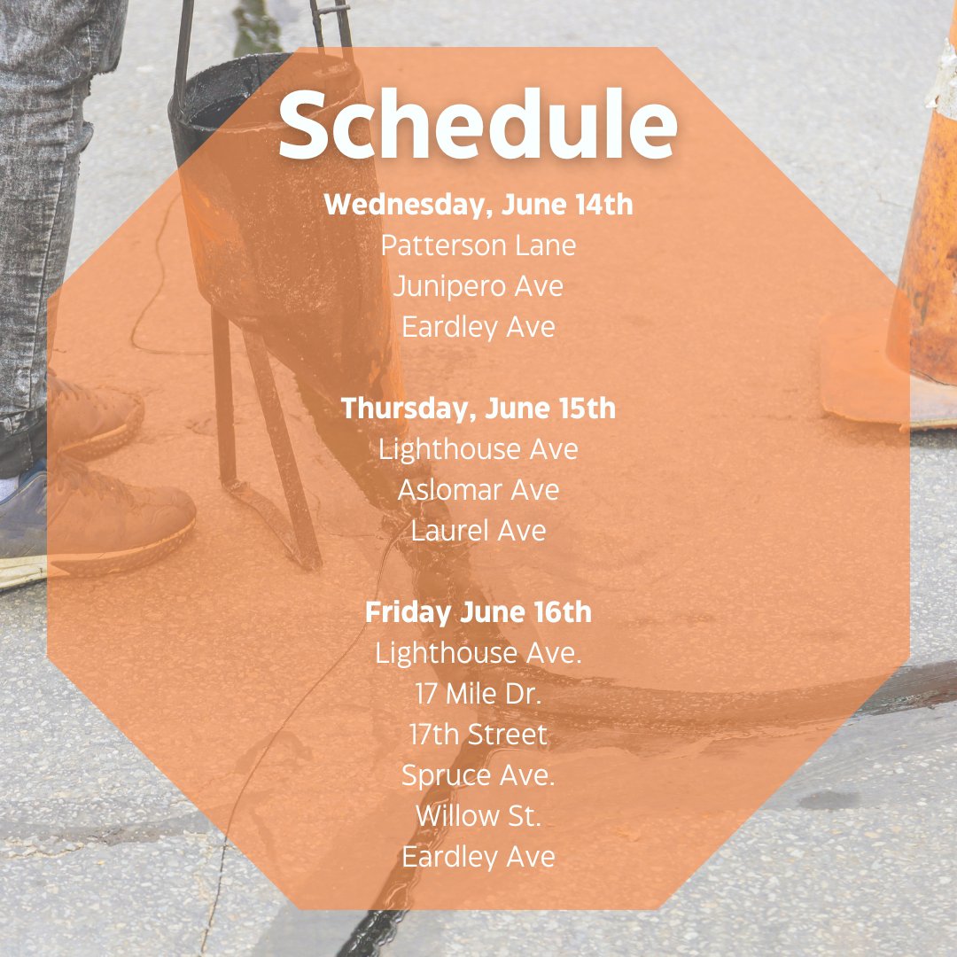 #UpcomingRoadwork From Wednesday, 6/14, through Friday, 6/16, the City of Pacific Grove will complete the crack and slurry seal project. Temporary street closures and on-street parking restrictions will occur while work is underway. Learn more: bit.ly/3N4mHAE