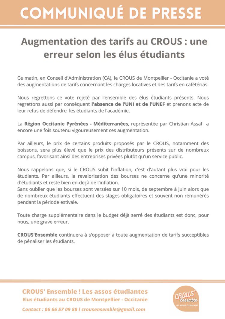 📈Hausse des charges locatives pour les étudiants ?

❌Le CROUS l’a confirmé ce matin malgré une opposition de tous les élus étudiants. 

🧑‍🎓Nous regrettons ce choix qui fait peser de nouvelles dépenses dans le budget déjà serré des étudiants.