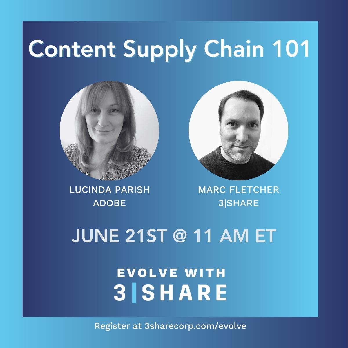 3SHARE's tweet photo. Our next Evolve with 3|SHARE webinar is coming up quickly! 

Join us on June 21st at 11am ET When Lucinda Parish and Marc Fletcher get together to talk about all the basics of the content supply chain and Adobe Workfront Implementation. 

#evolvewith3share #contentsupplychain https://t.co/XhZXSIAmcm