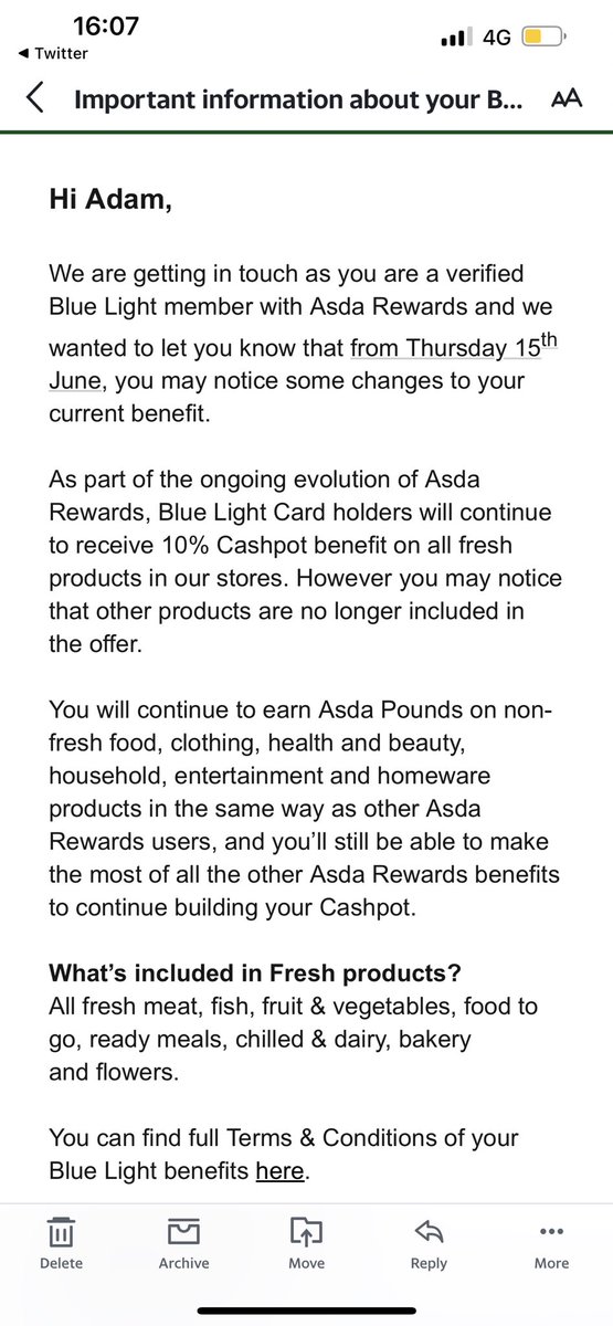I see what you’re doing ASDA 👀 

We’ve gone from having 10% off everything in store to having 10% put into our cash pot on the rewards app. 

Now we only get 10% cash pot benefit on fresh products 🤣 Laughable. 

@AsdaServiceTeam @asda @bluelightcard #ASDA #BlueLightCard