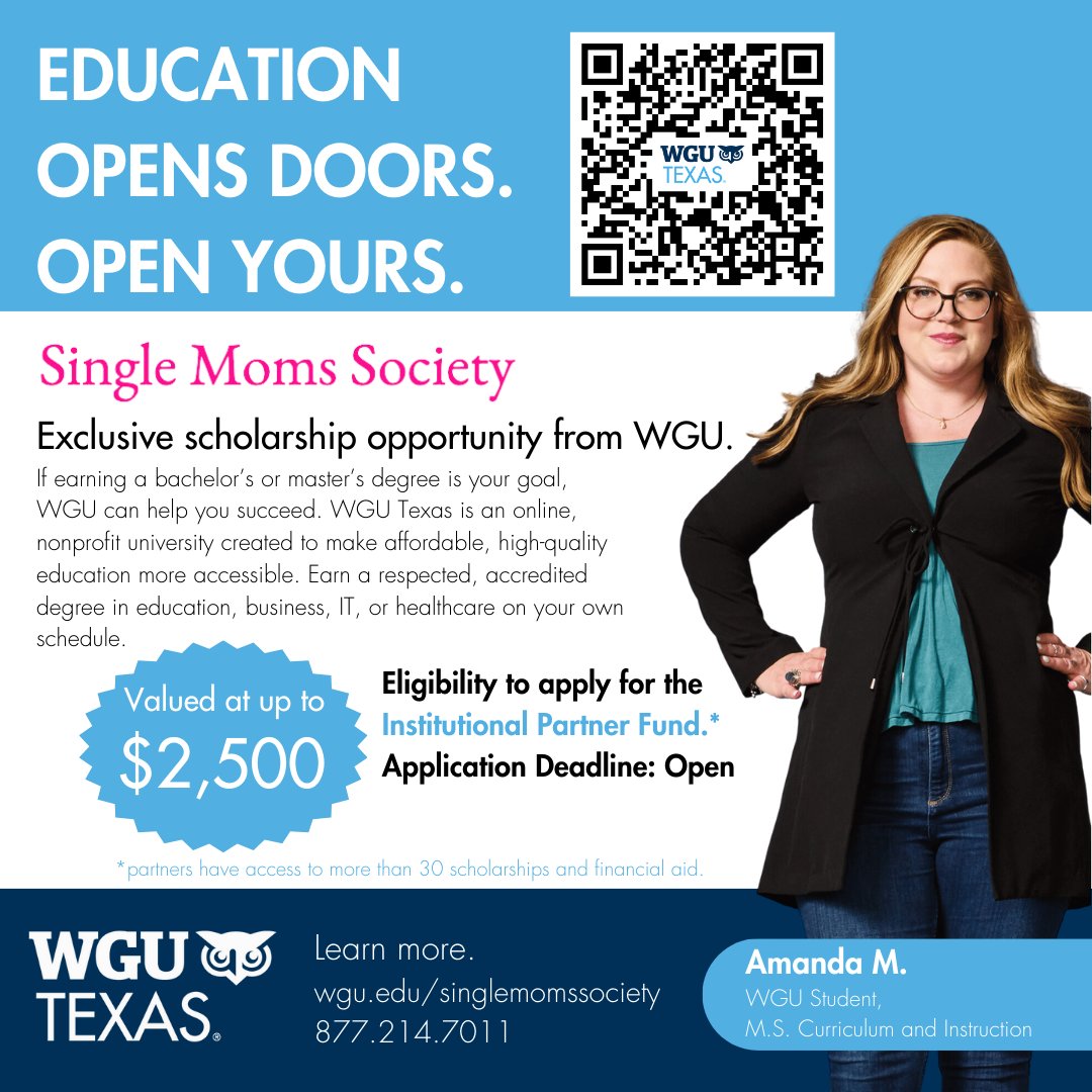 Exciting news! #WGUTexas has teamed up with #SingleMomsSociety to empower single parents and boost their careers through education 🎓 Discover scholarships, flexible online programs in IT, business, health, and teaching &amp; more 😊 
Visit wgu.edu/singlemomssoci…
#HigherEducation