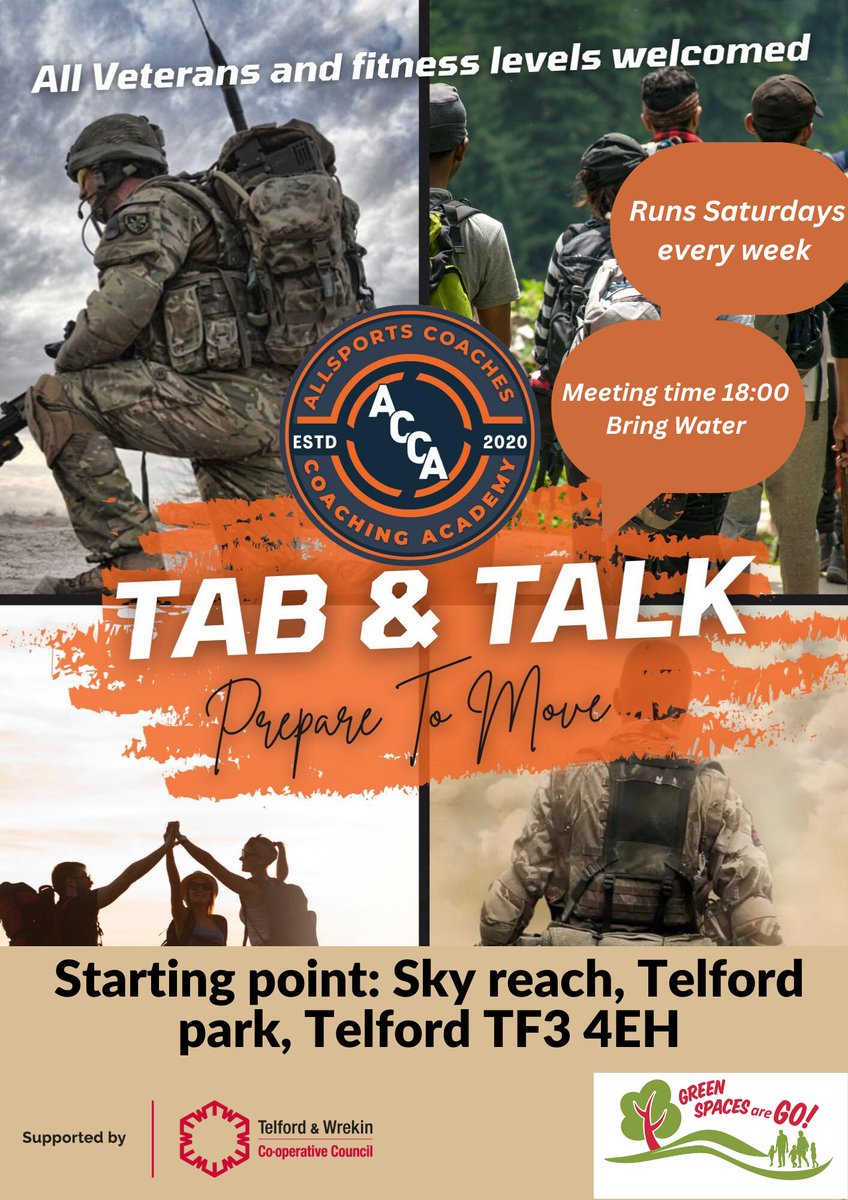 HealthyTF's tweet photo. Veterans TAB and Talk group
Veterans  the armed forces, key workers, &amp; their families 
FREE!
Where: Telford Town Park, meeting at Sky Reach.
 When: Every Saturday 6pm
Get in touch, email: stuart.cook@allsportscoaching.co.uk, call: 07739561062
#greenspacesarego https://t.co/GFhTu0k4es