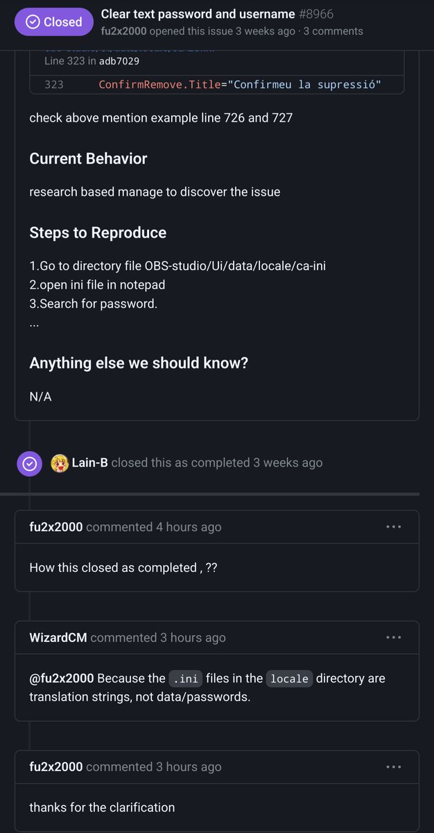 Clicked on the link in this CVE's references section and found that it's just a GitHub issue that was closed because the OP misinterpreted some files and thought it was a bug 😵‍💫

github.com/obsproject/obs…
