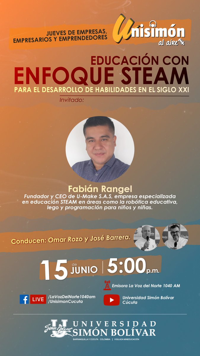 U-MAKE (@umake_col) on Twitter photo Los esperamos este jueves a las 5:00 p.m. dónde estaremos hablando sobre la Educación con un Enfoque STEAM. Gracias a <a href="/unisimoncucut/">Universidad Simón Bolívar Cúcuta</a>
<a href="/LaVozDelNorteAM/">La Voz del Norte</a> por este espacio. Los esperamos...
youtube.com/live/du5bpQMbC… Los esperamos este jueves a las 5:00 p.m. dónde estaremos hablando sobre la Educación con un Enfoque STEAM. Gracias a <a href="/unisimoncucut/">Universidad Simón Bolívar Cúcuta</a>
<a href="/LaVozDelNorteAM/">La Voz del Norte</a> por este espacio. Los esperamos...
youtube.com/live/du5bpQMbC…
