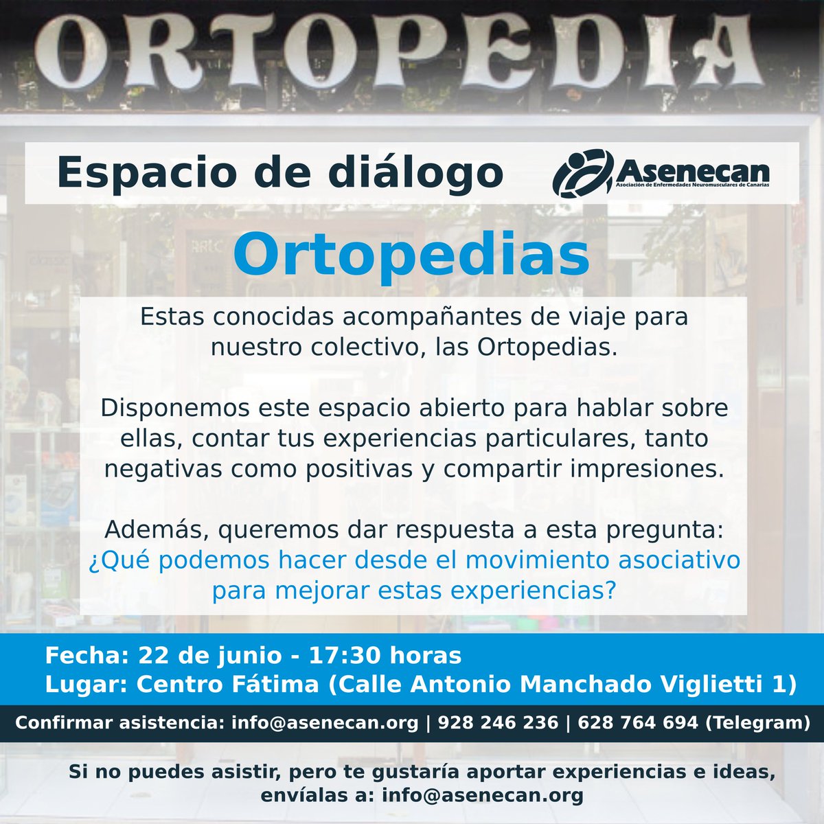 En Asenecan nos gusta hablar, pero sobre todo escuchar. Por eso establecemos este espacio de diálogo para hablar, esta vez, sobre las Ortopedias.

🕟Jueves 22 a las 17:30 horas, en nuestra sede.

📫Para más información contáctanos.