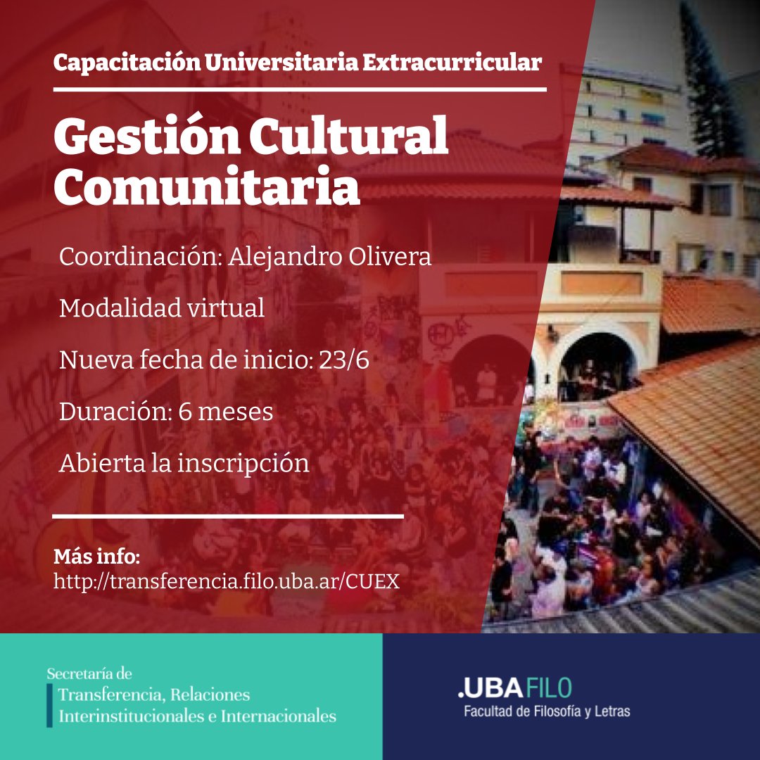 filo_uba's tweet photo. #CUEX en Gestión Cultural Comunitaria 🎭
▫️ Propone brindar herramientas conceptuales y prácticas, aprender nuevas técnicas de trabajo y generar producciones para la transformación del campo social.
¡Abierta la inscripción! ➡️ Inicia el 23/6
+info https://t.co/5q116QUPsx https://t.co/F1xmeKLzyt