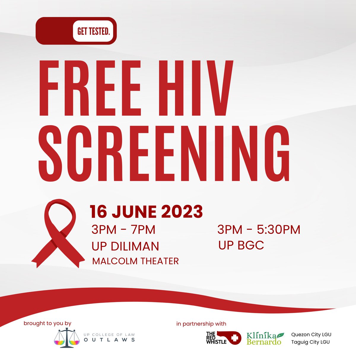 upoutlaws's tweet photo. Know your status! Get tested!

We invite everyone to a free HIV screening this coming June 16, 2023.

UP Diliman (Malcolm Theater) - 3pm to 7pm; and
UP BGC (Room TBA) - 3pm to 5:30pm https://t.co/rz23GmtzA0