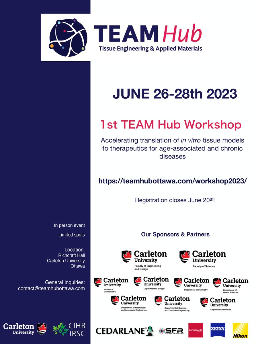 Interested in ageing and chronic diseases? Attend the TEAM Hub workshop to learn about using 3D tissue models to investigate mechanisms of disease and identify new therapeutics. Register at teamhubottawa.com/workshop2023/ #TEAMHub, #tissueengineering, #imaging, #aging, #newtherapeutics