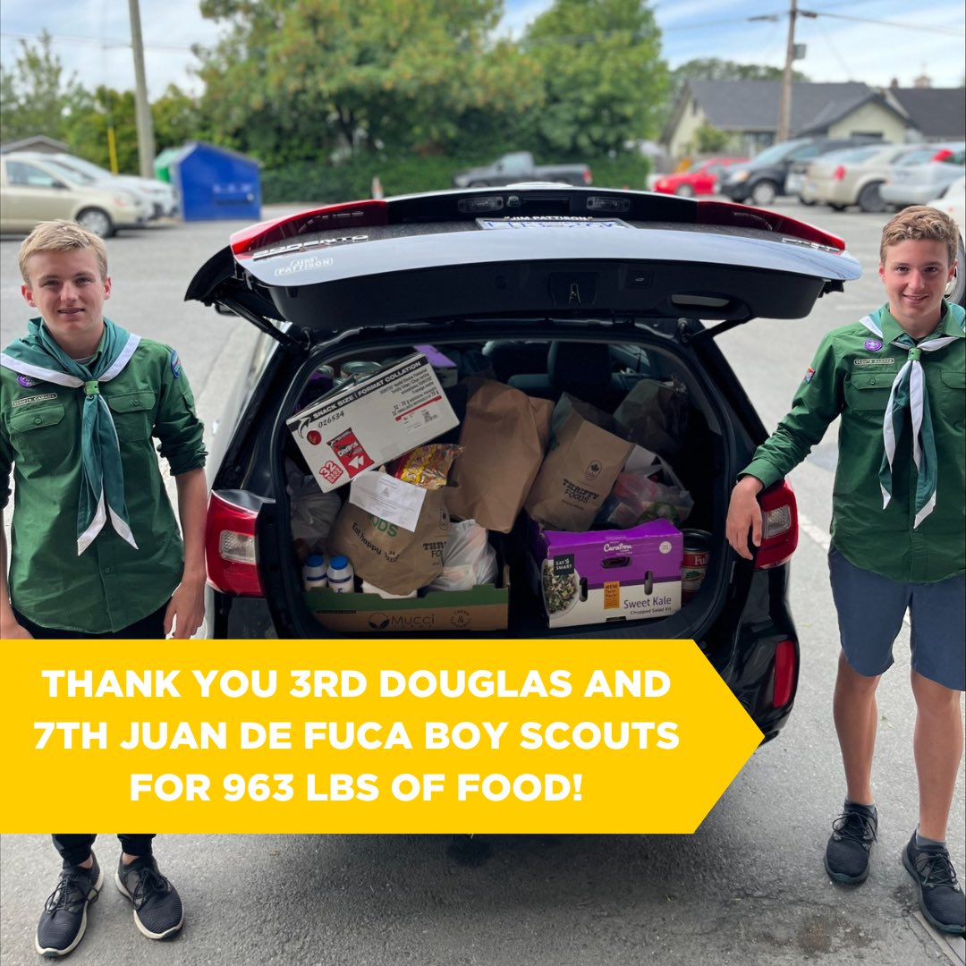 We want to give a huge thank you to 3rd Douglas and 7th Juan De Fuca Boy Scouts for your generous donation of 963 lbs of non perishable food! 

They held a competitions between the groups to see who could collect the most and 7th Juan De Fuca came out victorious! 

Thank you!