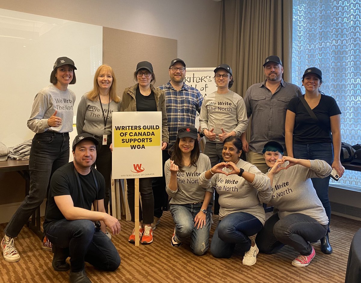 WGC staff is hyped and ready for #ScreenwritersEverywhere! Lots of signs and merch on hand if you’re joining us BEFORE the rally at 12:00 pm - Delta Hotel, 75 Lower Simcoe St., The Distillery meeting room (2nd floor) #WGAStrike #WGCsupportsWGA