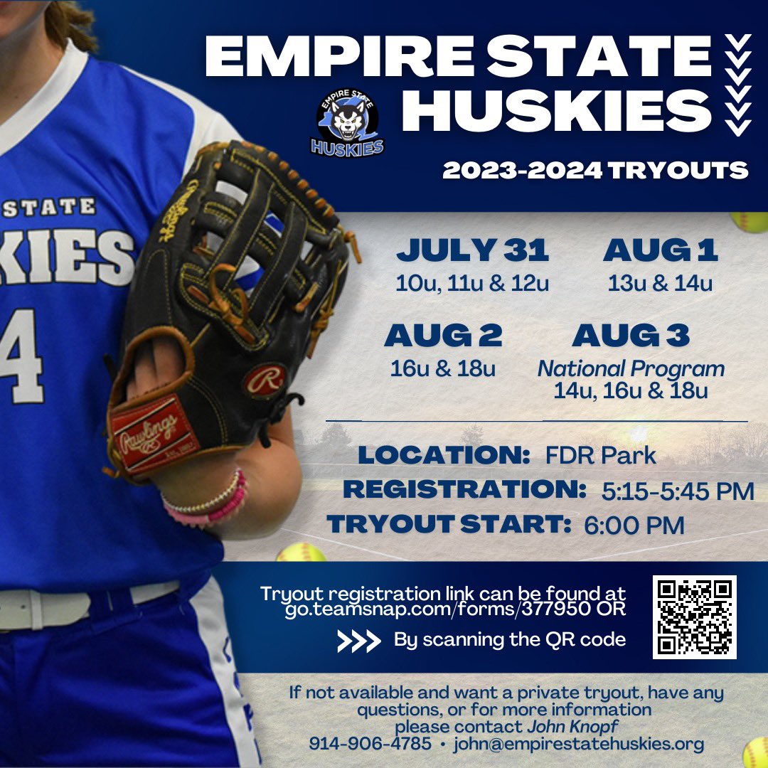 𝘛𝘳𝘺𝘰𝘶𝘵 𝘚𝘦𝘢𝘴𝘰𝘯 🥎

Come join the Empire State Huskies softball organization for the 2023-2024 season!

For questions, more information, or if you are unavailable and want to request a private tryout please contact John Knopf

go.teamsnap.com/forms/377950

#GDTBAH #DogsUp