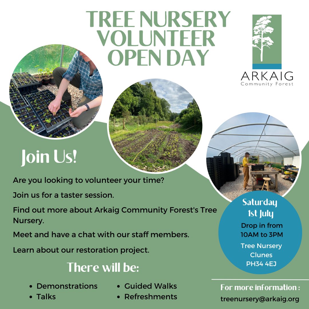 Join us on Saturday 1st July for Arkaig Community Forest’s Tree Nursery Volunteer Open Day 👇
Everyone is welcome to drop-in between 10am - 3pm where there will be demonstrations, guided walks & refreshments provided. See you then!
#volunteer #treenursery #community #trees