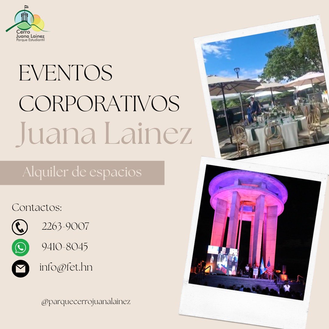 FET2023's tweet photo. Ven y celebra el evento más importante de tu empresa en el Parque Juana Lainez. Llámanos y reserva con nosotros. #Eventos orporativos #JuanaLainez #Eventos ⁦@A_FloresHND⁩ ⁦⁦@ccithn⁩ @ https://t.co/CLPrR3vnQv