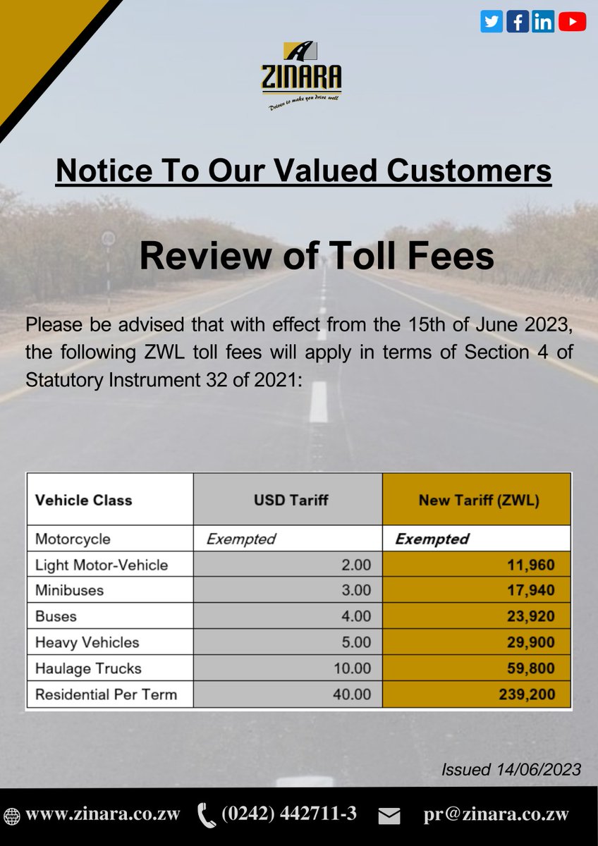 zinaraZW's tweet photo. Public Notice! Review of Toll Fees
@MinistryofTID @InfoMinZW @ZBCNewsonline @HeraldZimbabwe @NewsDayZimbabwe @Techzim @WeArePindula @NMBBankZim @CBZHoldings @nbshousing @AfcHoldings @zb_foryou @FBCHoldings @BancabcZW @EcobankZW @POSBZimbabwe @NedbankZimbabwe @CabsZimbabwe https://t.co/u4QPUPjLmI