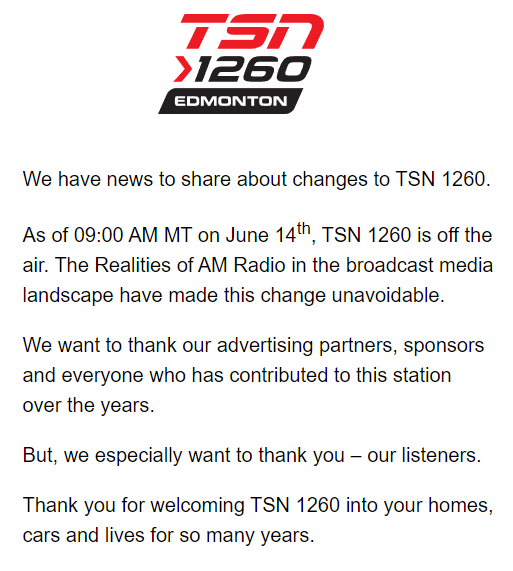 Thoughts to everyone at @TSN1260 who have been impacted by the format change today. #yeg has lost another voice for local sports coverage. #yegmedia