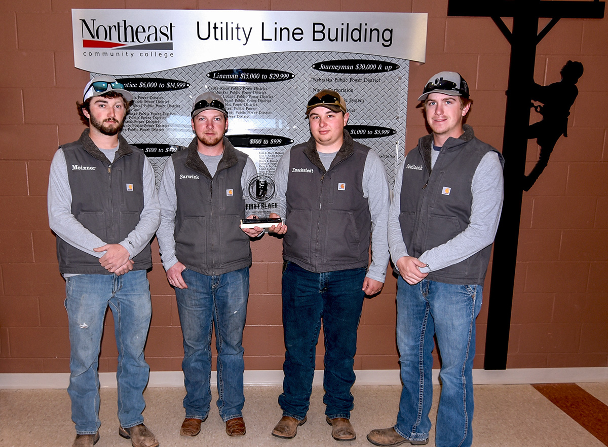 northeastedu's tweet photo. Northeast #UtilityLine students took top honors in two events at the 2023 College Lineman’s Rodeo. Alex Barwick, Alma, Zebulun Knackstedt, Kameron Meixner, and Mason Sedlacek earned 1st place in the obstacle course competition and took first in the cross-arm changeout. https://t.co/ksIJvMGLG0