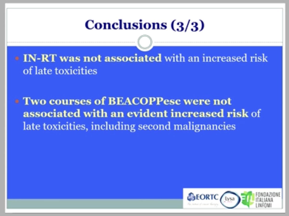 Federico et al - 10y FU H10
Take home:
• omission INRT early fav led to signif ⬇️ PFS but no OS benefit
• no diff in unfav disease (presum due to 6x chemo in non-RT arm)
• benefit of BEACOPP escalation no longer statistically evident
• no ⬆️ late tox RT or BEACOPP
#17ICML