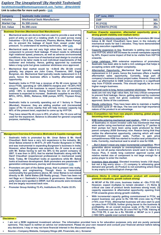 Exploring the Unexplored!  1-pager research on interesting stock ideas.   

Not Buy/Sell reco. but to get more perspectives (positive, negative, new insights).    

Talk about #SealmaticIndia -bit.ly/3N8XdlH  

Pls subscribe for more such posts. bit.ly/3YidIjh