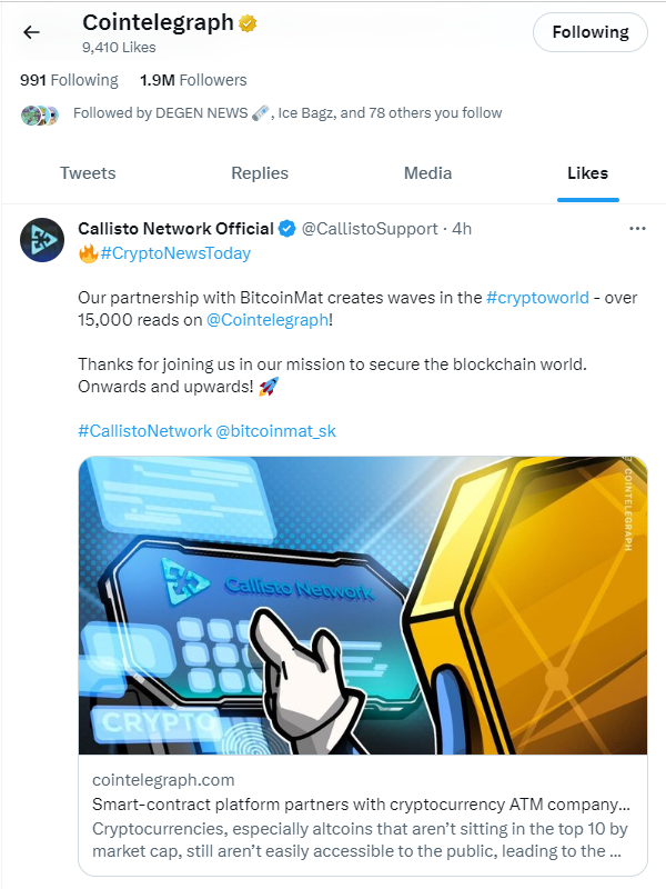 Callistonians's tweet photo. Hey, 2 Million #CryptoCommunity of @Cointelegraph, we see you! 👀

Appreciating your subtle nod of recognition for #CallistoNetwork. 🚀

#CryptoTwitter #Blockchain https://t.co/2EDaBnbaOx