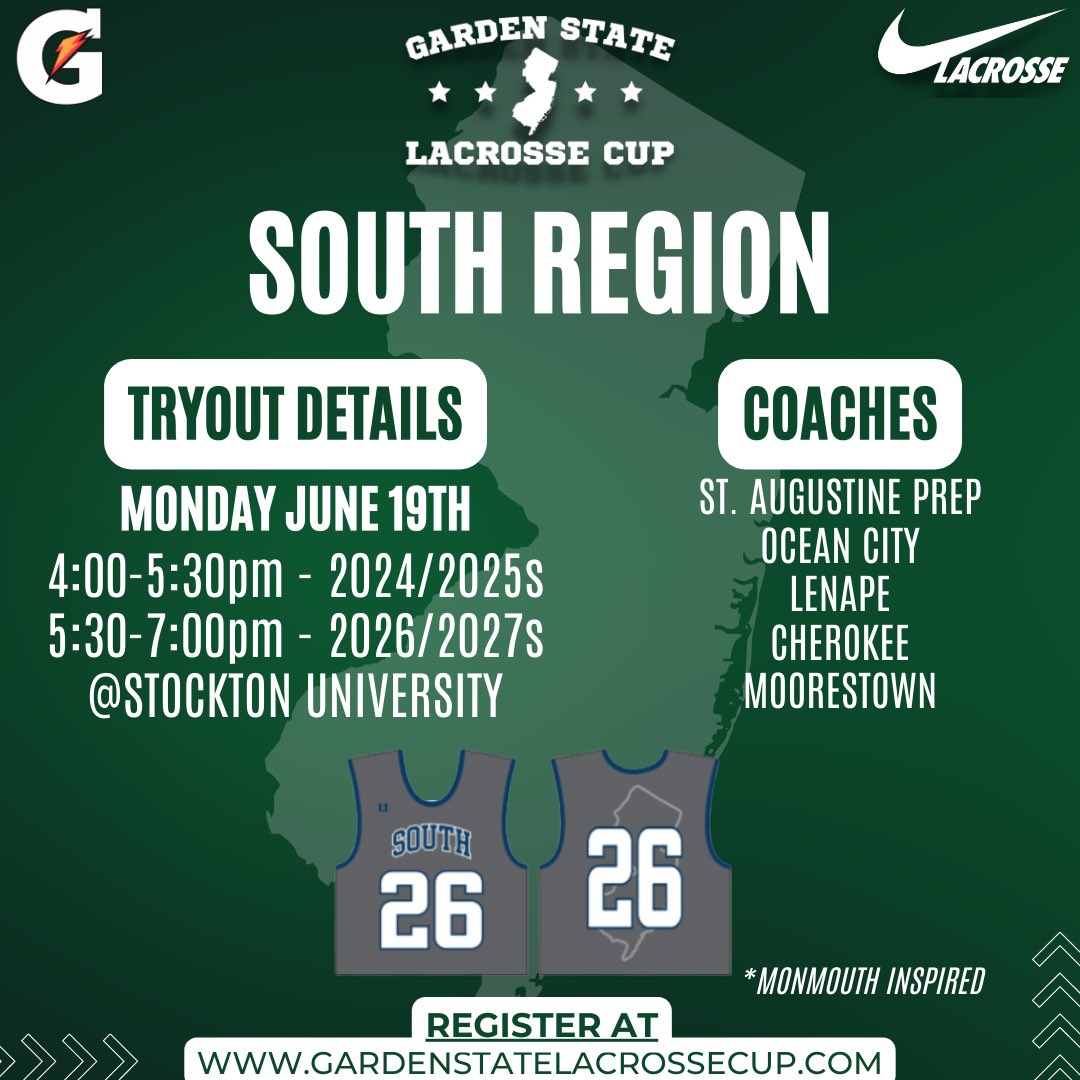 South Region 2024-2027 boys get ready! Tryouts Monday at Stockton⬇️

gardenstatelacrossecup.com

<a href="/MikeKinneyHS/">Mike Kinney</a> <a href="/BrandonGouldHS/">Brandon Gould</a> <a href="/HermitsLacrosse/">St. Augustine Prep Lacrosse</a> <a href="/SouthernRamsLAX/">SouthernRamsLAX</a> <a href="/LENAPEBOYSLAX/">Lenape Boys Lacrosse</a> <a href="/mtownblax/">Moorestown Boys Lacrosse</a>