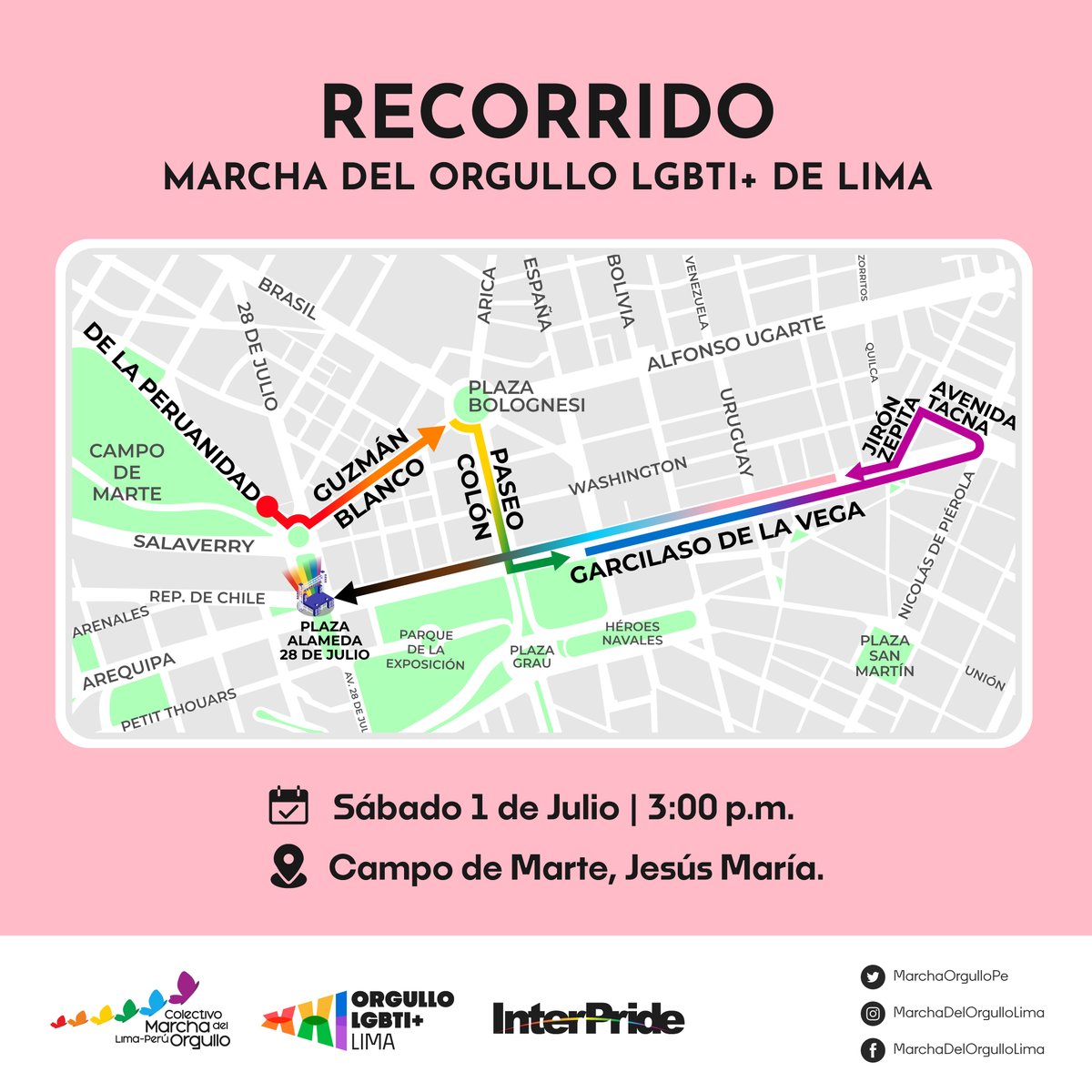 ¡TENEMOS RECORRIDO! Este 2023 la marcha recorrerá las calles del centro de Lima; sin embargo, el fin de fiesta así como la lectura del pronunciamiento se realizarán en la Alameda 28 de Julio. Te esperamos 🏳‍🌈🏳‍⚧ #OrgulloEsDemocracia